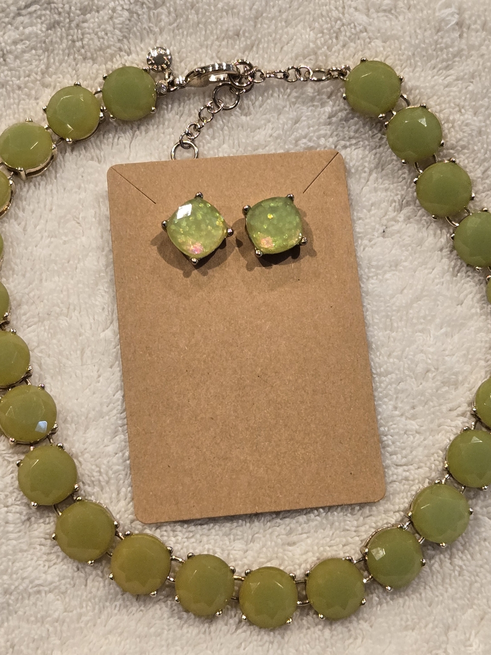 J. Crew Pea Green Faceted Stone Necklace with Stud Earrings